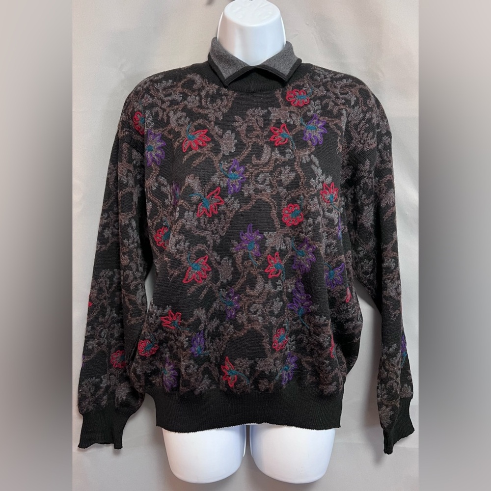 Tricots St Raphael Sweater Adult Large Pure Wool Unisex Gray Floral Turtleneck